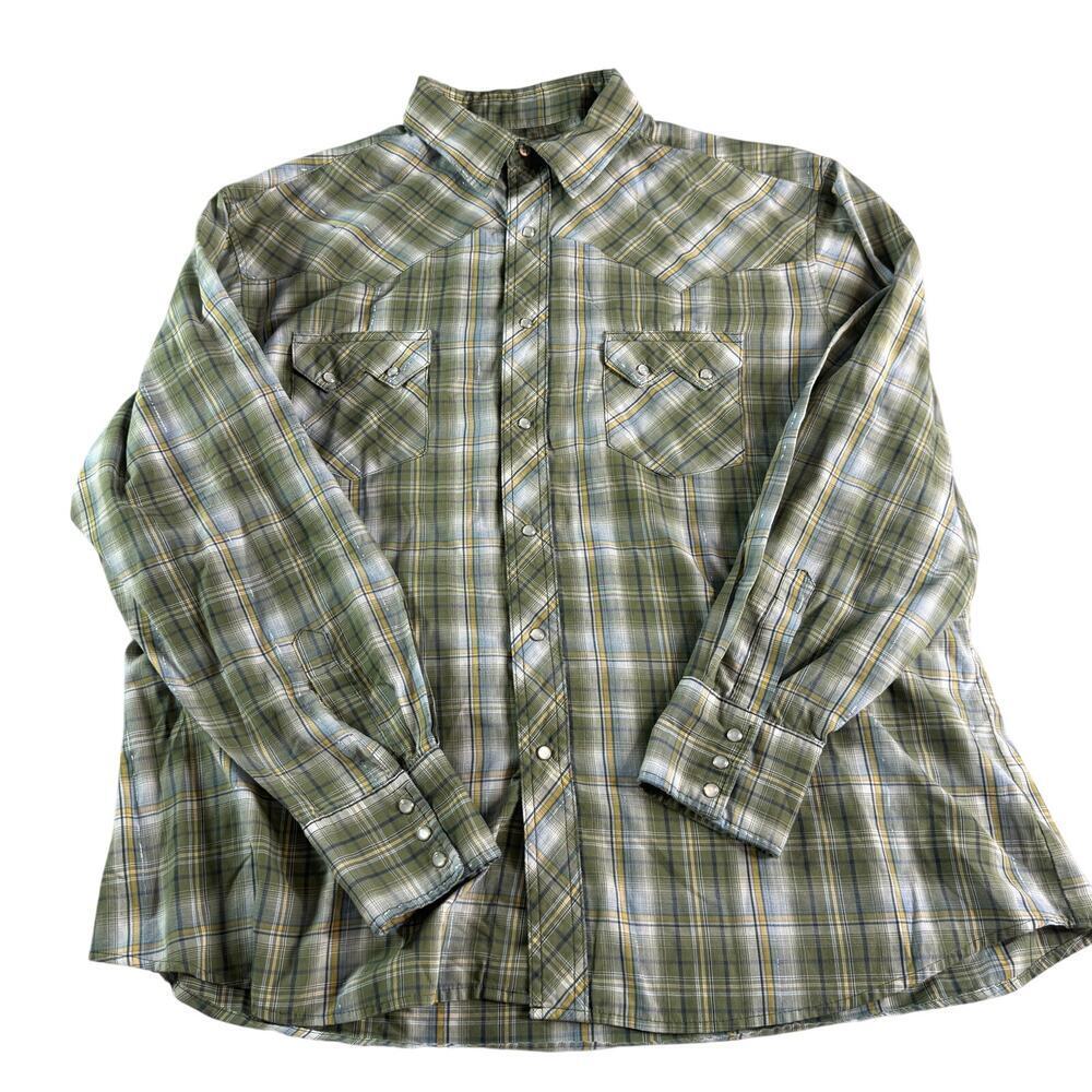 Wrangler Western Snap Shirt Plaid Pearl Snap Metallic Thread Cowboy Rodeo XL